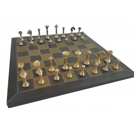 Premium CONTEMPORARY Solid Brass Chess Set with genuine leather Chess Board