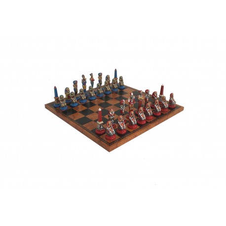 EGYPTIAN SET: Beautiful Handpainted Metal Chess Set with Leatherette Chess Board