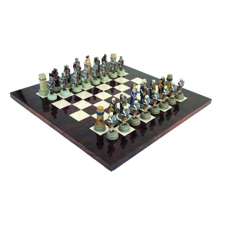ROMANS VS ARABS: Handpainted Chess Set with Glossy Briar Walnut Chessboard