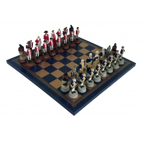 AMERICAN INDIPENDENCE WAR: Handpainted Chess Set with Leatherette Chessboard