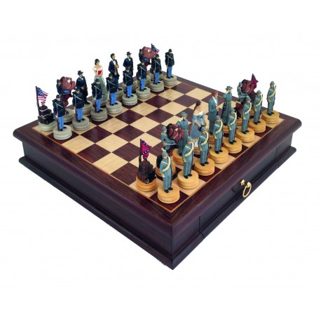 CIVIL WAR: Handpainted Chess Set with Beautiful Rare Wood Chessboard-Box