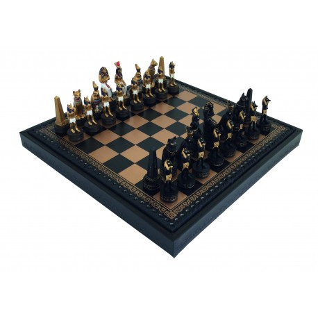 ANCIENT EGYPT: Chess Set with Beautiful Leatherette Chessboard + Box + Checker Set