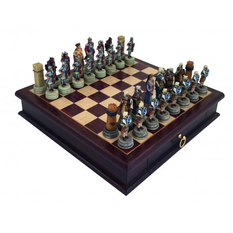 ROMANS vs ARABS: Handpainted Chess Set with Rare wooden Chessboard & Box