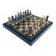 CRUSADE SET: Handpainted Chess Set Leatherette Chessboard & Box + Checker Set