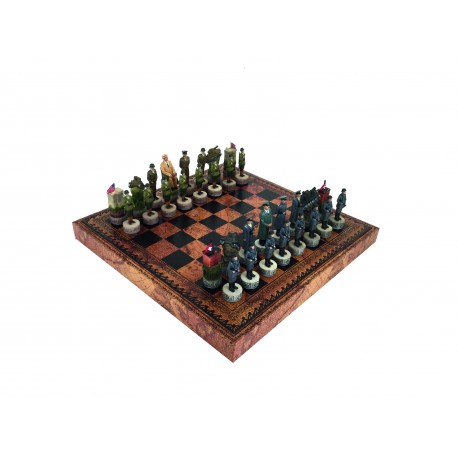 SECOND WORLD WAR: Handpainted Chess Set with Chessboard + Box + Checker Set