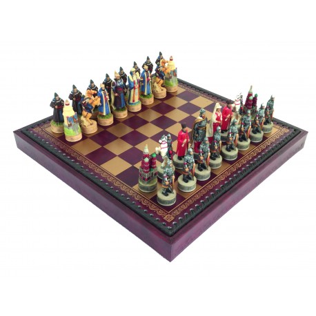 RUSSIANS vs MONGOLIANS: Handpainted Chess Set with Leatherette Chessboard/Box
