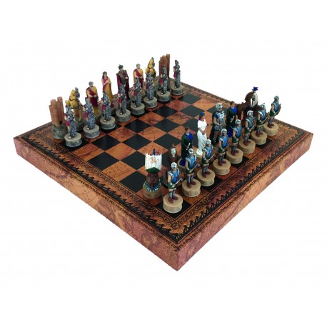 TROJOS MŪŠIS: rankomis spalvinti šachmatai odos pakaitalo lenta/dėže + ŠAŠKĖS