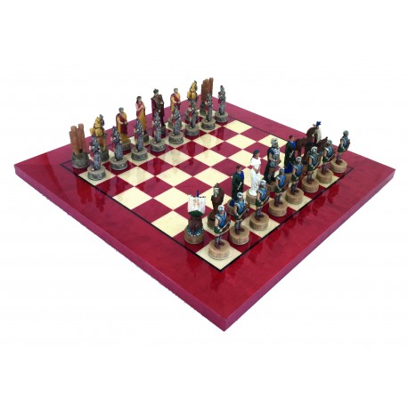 TROJOS MŪŠIS: rankomis spalvinti šachmatai su prabangia Japoniškojo Klevo lenta