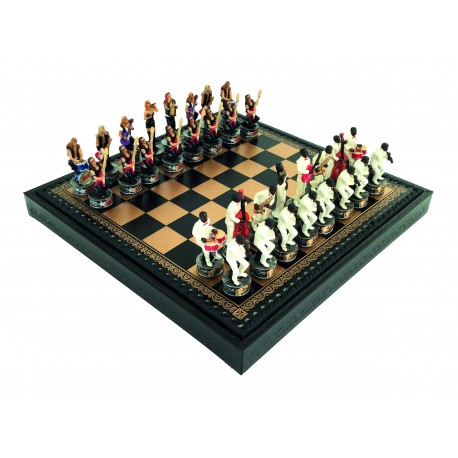 JAZZ VS ROCK: Handpainted Chess Set with Leatherette Chessboard & Box + Checker Set