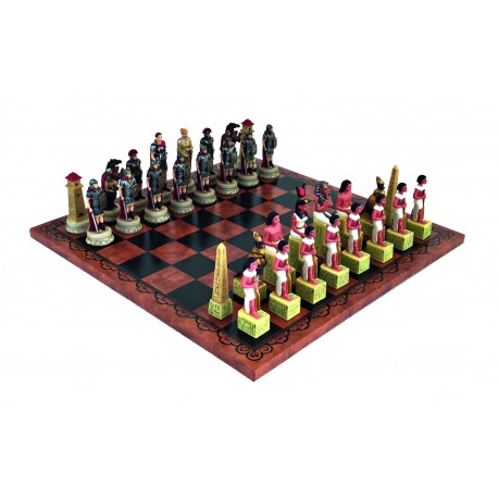 ROMANS vs EGYPTIANS: Handpainted Chess Set with Leatherette Chessboard