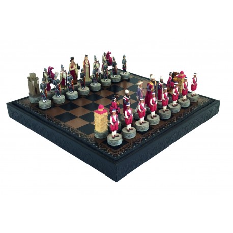 CRUSADERS vs TURKEY: Chess Set with Leatherette Chessboard & Box + Checker Set