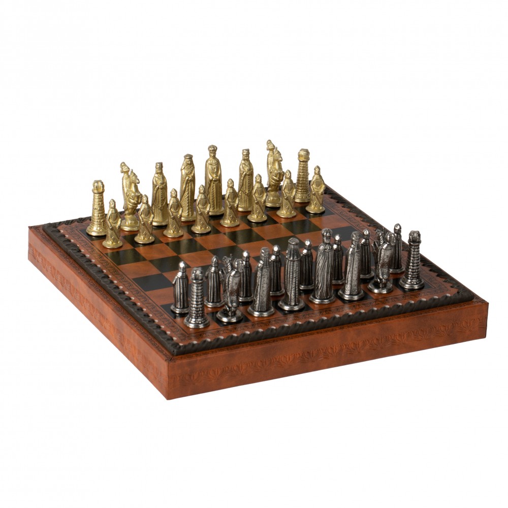 Medieval Style Metal Chess Set With Beautiful Leatherlike Box