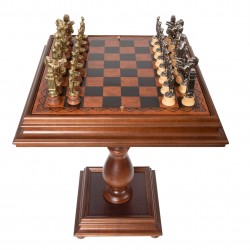 Wooden Chess Table with Leatherlike Top and Beautiful Chess Set