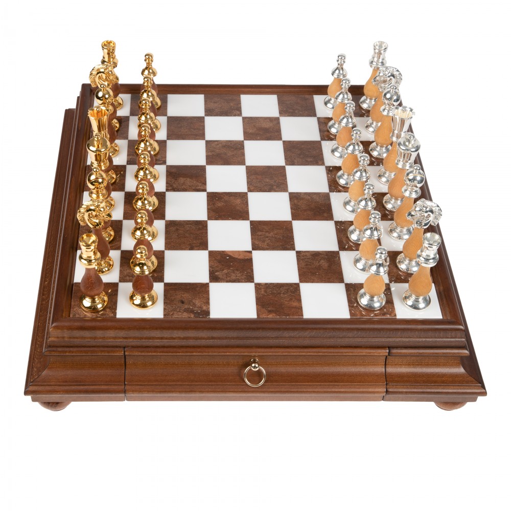 Solid Gold & Silver Chess Set with Luxurious Wood-Alabaster Game Board