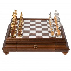 Solid Gold &amp; Silver Chess Set with Luxurious Wood-Alabaster Game Board