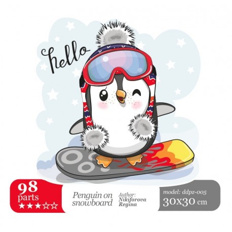 Pinguin on a snowboard - unique WOODEN puzzle 98 pcs