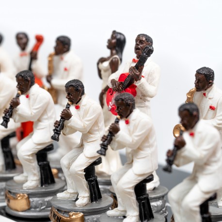JAZZ VS ROCK: Handpainted Chess Set with Black Glossy Wooden Chessboard