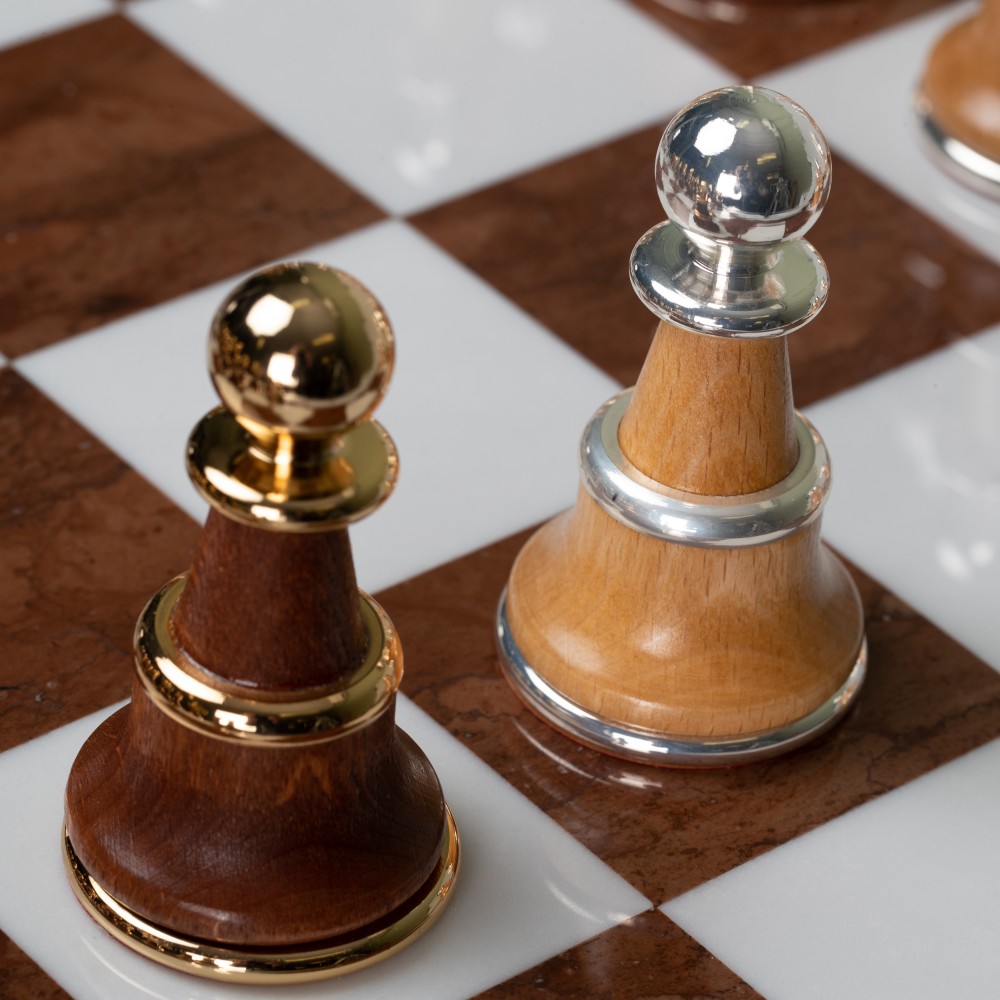 Real Brass/Silver/Gold & Wood Chess Set with Luxurious Alabaster Ga