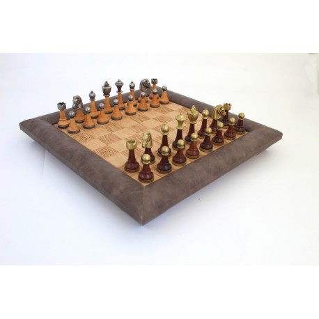 Wood & Metal Chess Pieces with Quality Ecoleather/Wood Chess Board