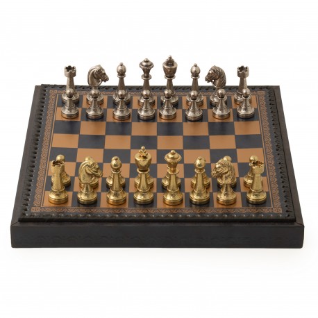 Solid Metal Chess Set with Blue Leather-Like Gameboard/Box