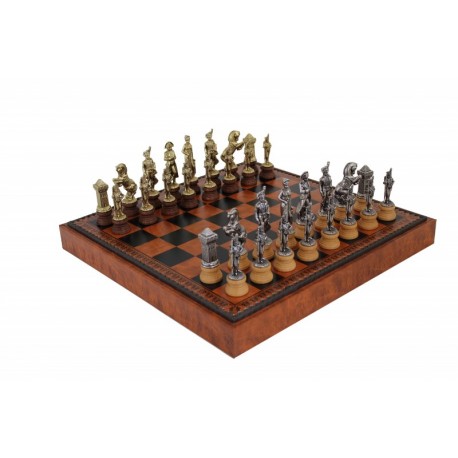 ARABIC STYLE: Metal & Wood Chess Pieces with Brown Leatherette Chessboard
