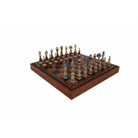 ARABIŠKO STILIAUS metalo / medienos šachmatai ir rudai juoda dirbtinės odos šachmatų lenta
