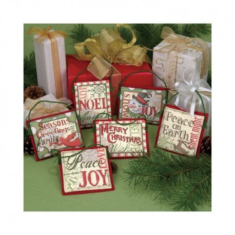 Christmas Sayings Ornaments (11 cm, 6 pcs.) - Cross Stitch Kit by DIMENSIONS