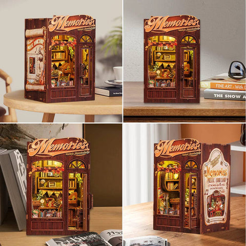 Knygų lentynos diorama, medinė su LED – Memories Music Bookshop, 136 det.