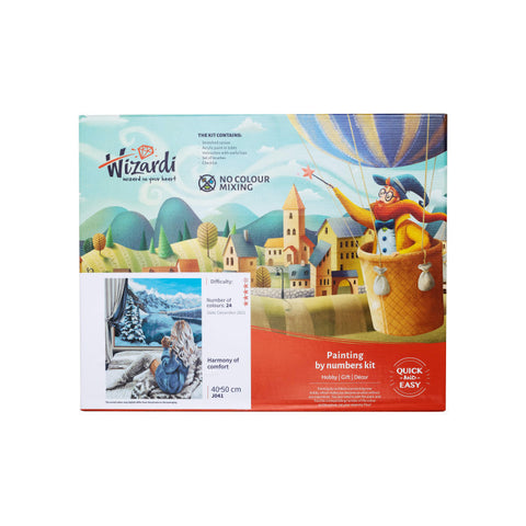 Dažymo pagal skaičius rinkinys Wizardi 40×50 cm pakuotė su spalvingu karšto oro baliono ir miestelio piešiniu, priekyje produkto informacija