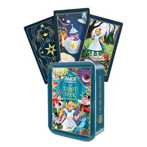 tarot kortos Alice in Wonderland mėlyname metaliniame dėkle, komplekte mažos iliustruotos kortelės ir atverstos trys variantų kortos