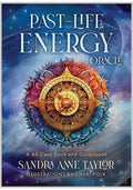 Oracle kortų rinkinys "Past‑Life Energy" — 44 kortos ir vadovas, Sandra Anne Taylor viršelis su spalvinga mandala, skiriasi iliustracijomis
