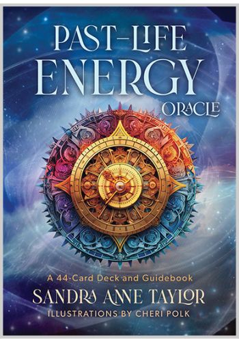 Oracle kortų rinkinys "Past‑Life Energy" — 44 kortos ir vadovas, Sandra Anne Taylor viršelis su spalvinga mandala, skiriasi iliustracijomis