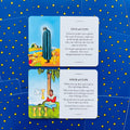 tarot kortos dvi atviros kortos (Five ir Four of Cups) su ryškiomis iliustracijomis ir žvaigždėtomis mėlynomis nugarėlėmis