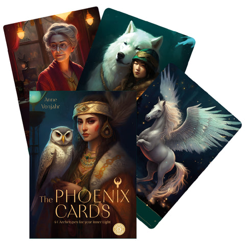 Phoenix kortos — 44 archetipų kortelių rinkinys su ornamentuotais viršeliais, įskaitant baltą vilką, pelėdą ir sparnuotą pegazą