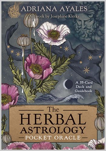 Orakulas Herbal Astrology — 55 kortų kišeninė kaladė su vadovu, Adriana Ayales, gėlių ir žvaigždžių iliustracijos viršelyje