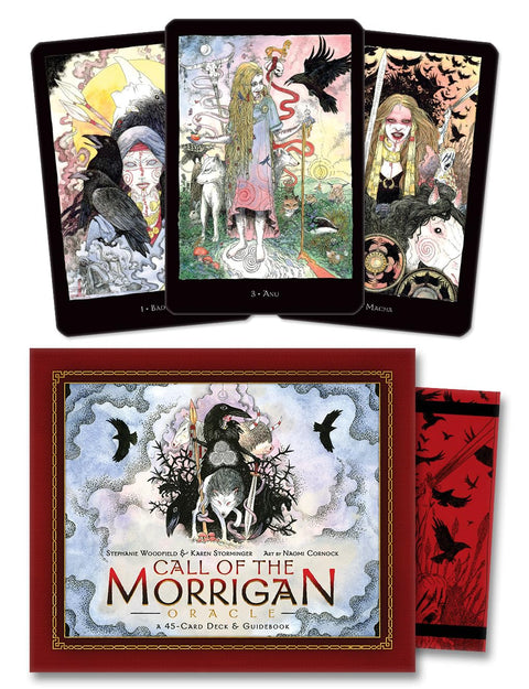 Morrigan oracle kortų rinkinys Call of the Morrigan — 45 kortų kaladė su gidų knygele ir raudonu dėklu, trys kortos fane