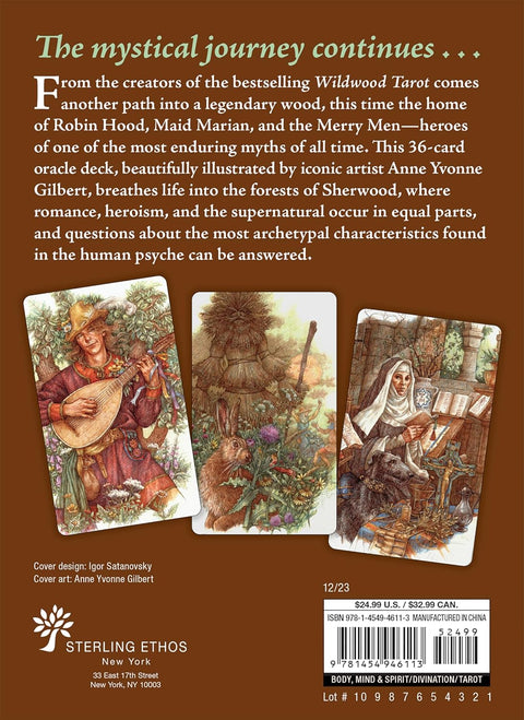 Sherwood tarot kortos – 36 kortų orakulas su Anne Yvonne Gilbert iliustracijomis, rodomos trys pavyzdinės kortos ir leidyklos informacija.