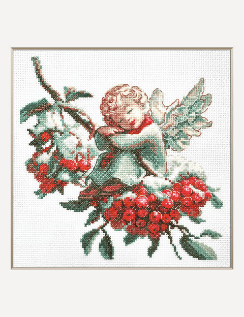 Kryželių rinkinys angelas su raudonomis putinomis, baigtas rėminis dekoratyvinis darbas, apie 30×30 cm