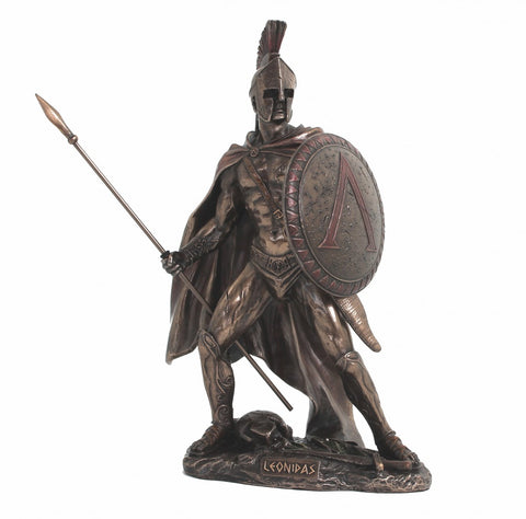 Leonidas statulėlė ruda bronzos apdaila, stovintis spartietis su ietimi ir skydeliu su lambda, rodoma iš priekinio kampo