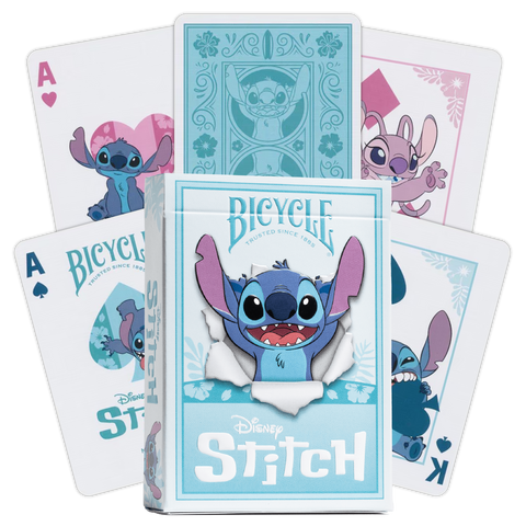Stitch kortų kaladė Bicycle, šviesiai mėlyna dėžutė su Stitch išlendančiu piešiniu ir fanuotomis kortomis