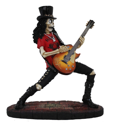 statuetė-skeletas gitaristas raudona marškinėliais ir sunburst elektrine gitara, iskeltu top hat ir plačia priekinė poza ant ovalaus pagrindo
