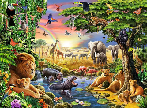 Ravensburger dėlionė „Džiunglių gyvūnai prie upės“, 300 XXL det., nuo 9 m.