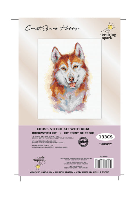 Husky siuvinėjimo kryželiu rinkinys, Aida 16 ct, DMC siūlai, 17x25 cm