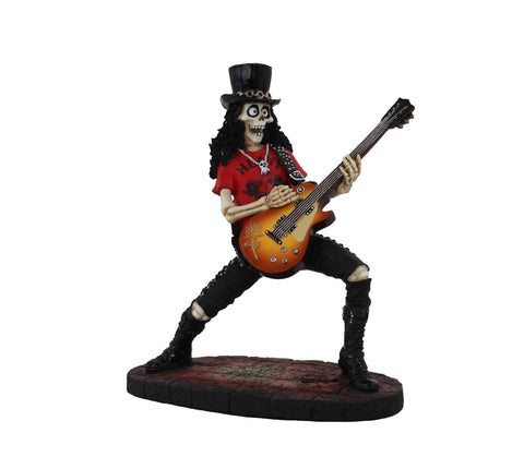 Statulėlė skeletas gitaristas su saulėtos spalvos elektrine gitara, juodu cilindru ir raudonu marškinėliu ant ovalo pagrindo, matoma iš priekinio kampo