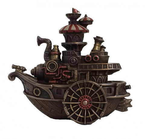 Steampunk garlaivis — bronzinės rudos dekoratyvinė figūrėlė su raudonomis detalėmis ir matoma rato mentė
