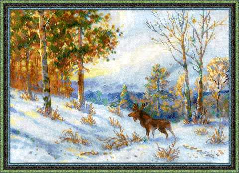 Siuvinėjimo kryželiu rinkinys „Briedis žiemos miške“, 40x28 cm