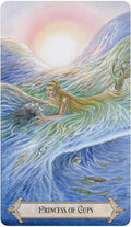 tarot korta Princess of Cups: pastelinių vandens tonų iliustracija su jauna jūros panele, gelbstinčia nuskendusį žmogų