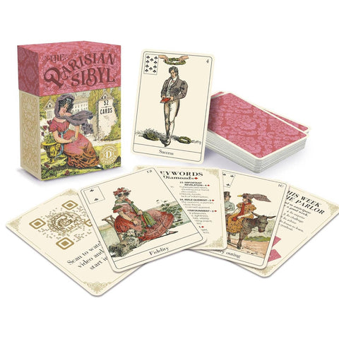 Kortos Parisian Sibyl rožinėje dėžutėje — 52 kortos su retro iliustracijomis ir atversto kortų žodžių rakto rodymas