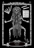 tarot korta Rangda, juodai balta iliustracija su Bali kauke, ilgos pynės ir ornamentuotas rėmas, kortos priekinis variantas