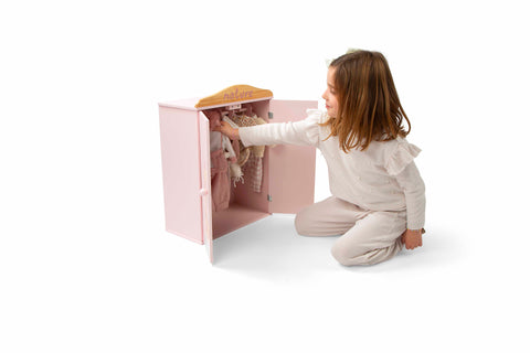 Arias medinė lėlių rūbelių spinta su pakabomis, rožinė su gyvūnais vaikams